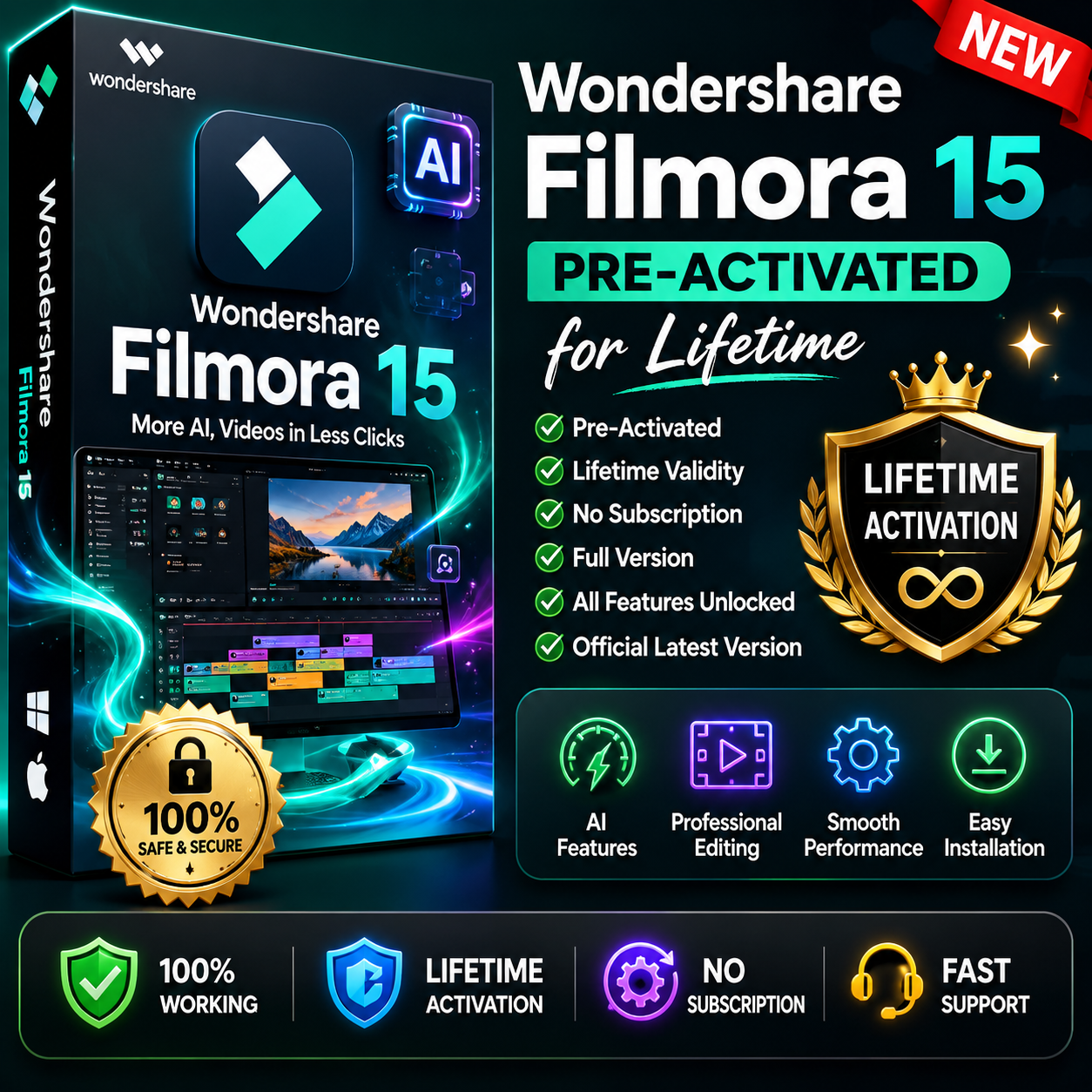 Wondershare Filmora 15 Lifetime License for Windows