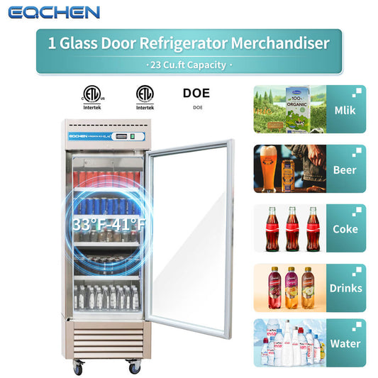 1 Door Commercial Beverage Refrigerator, EQCHEN 27 Inch Commercial Glass Door Refrigerator