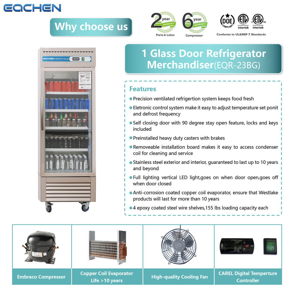 1 Door Commercial Beverage Refrigerator, EQCHEN 27 Inch Commercial Glass Door Refrigerator