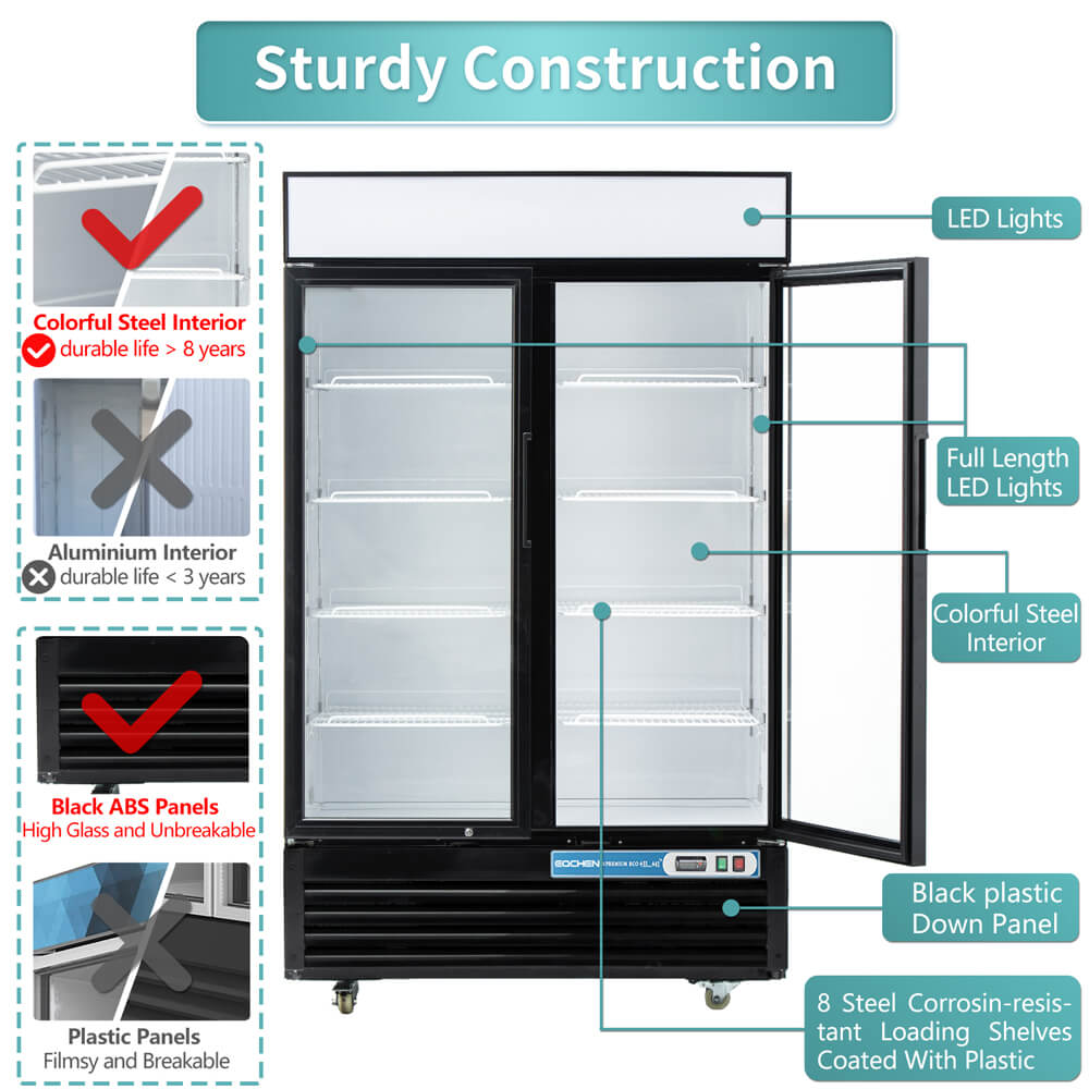 2 Door Commercial Beverage Refrigerator, EQCHEN 48 Inch Commercial Glass Door Refrigerator
