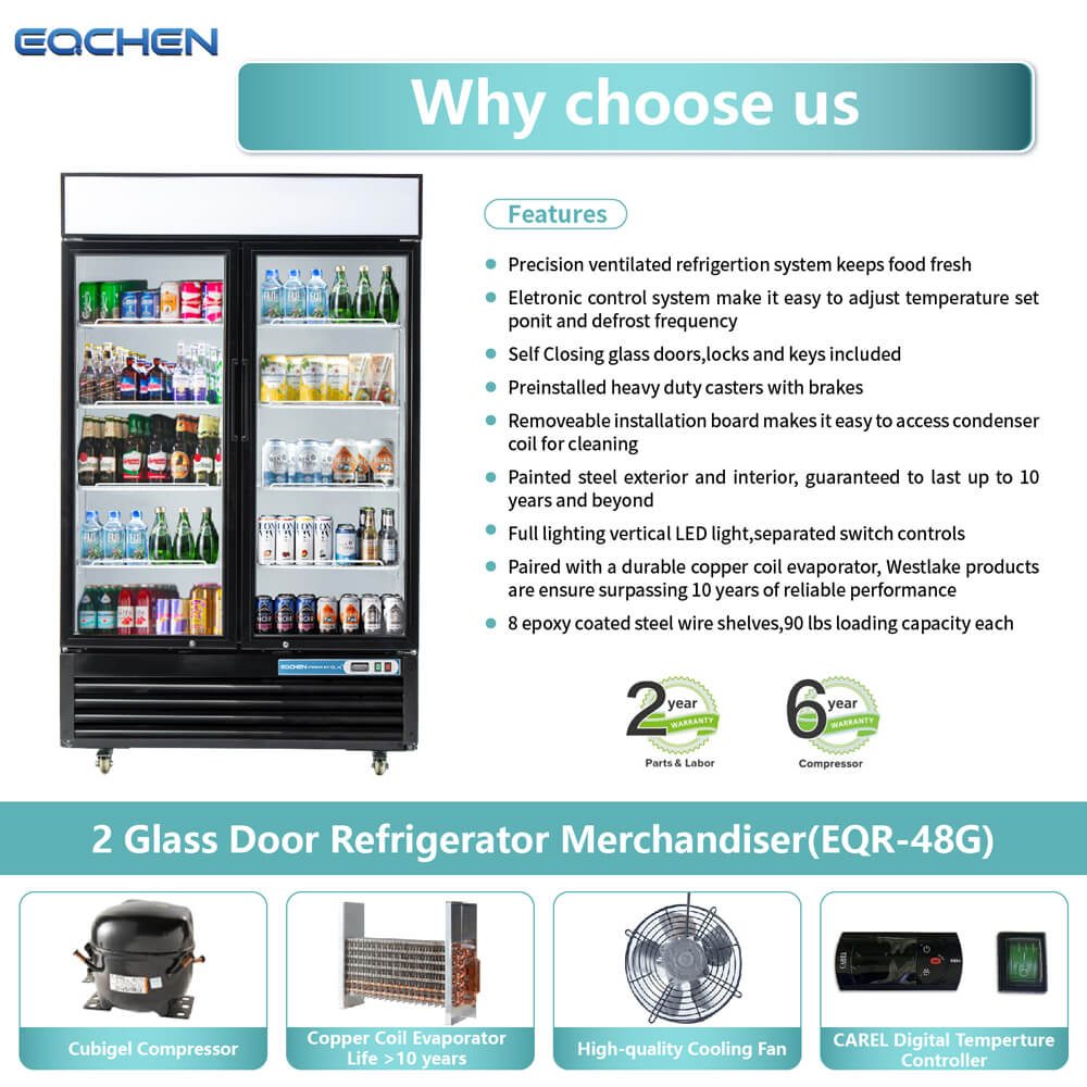 2 Door Commercial Beverage Refrigerator, EQCHEN 48 Inch Commercial Glass Door Refrigerator