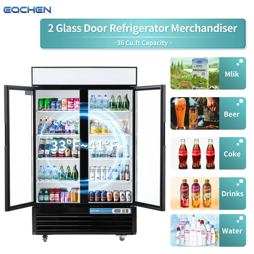 2 Door Commercial Beverage Refrigerator, EQCHEN 48 Inch Commercial Glass Door Refrigerator