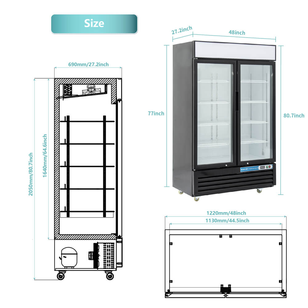 2 Door Commercial Beverage Refrigerator, EQCHEN 48 Inch Commercial Glass Door Refrigerator