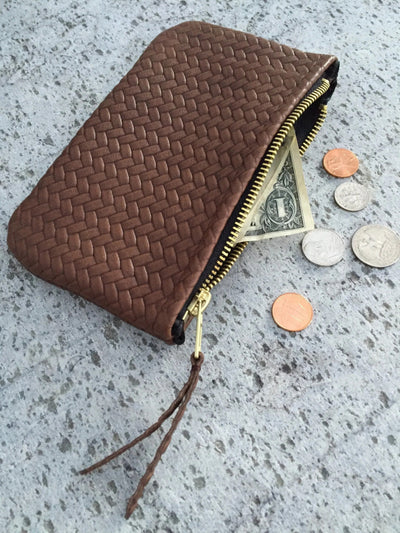 Coffer Mini Handwoven Leather Zipper Clutch-Tan Brown
