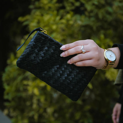 Coffer Mini Handwoven Leather Zipper Clutch-Black