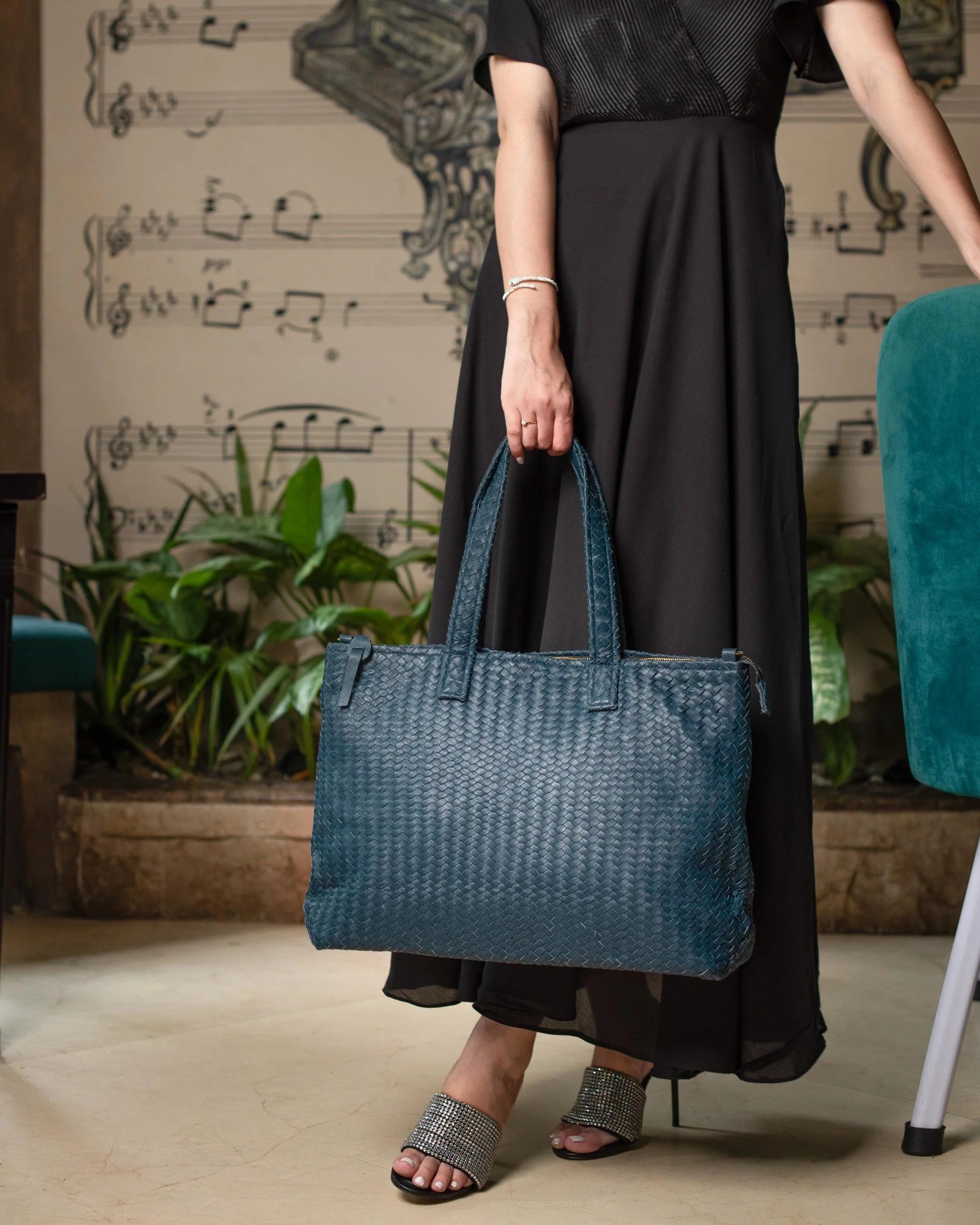 Handmade Woven Original Leather Bag With Zipper-Blue