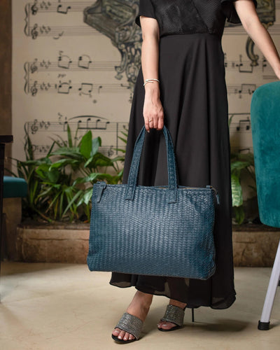 Handmade Woven Original Leather Bag With Zipper-Blue