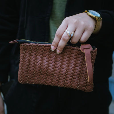 Coffer Mini Handwoven Leather Zipper Clutch-Tan Brown