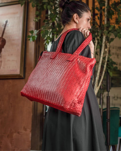 Handmade Woven Original Leather Bag With Zipper-Red