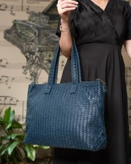 Handmade Woven Original Leather Bag With Zipper-Blue