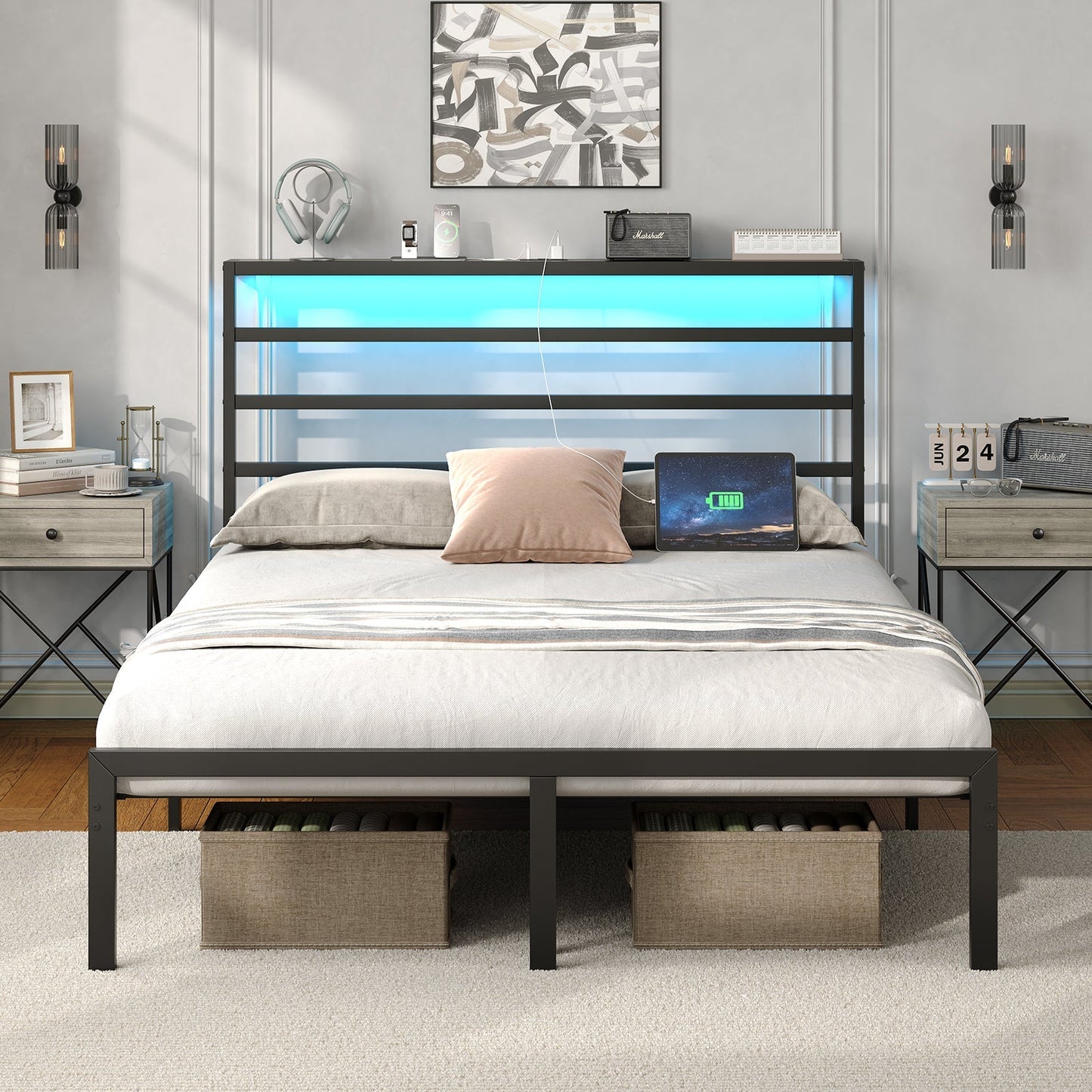 Yanosaku BF006-GR-F Full Size Metal Bed Frame with LED Lights