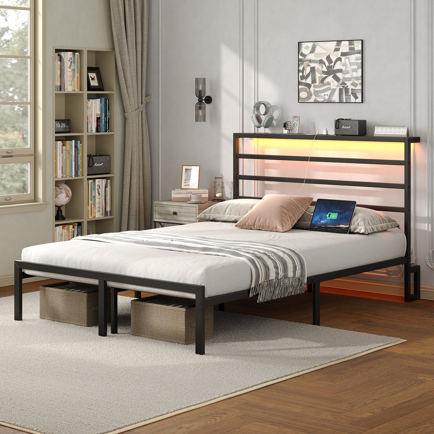Yanosaku BF006-GR-F Full Size Metal Bed Frame with LED Lights