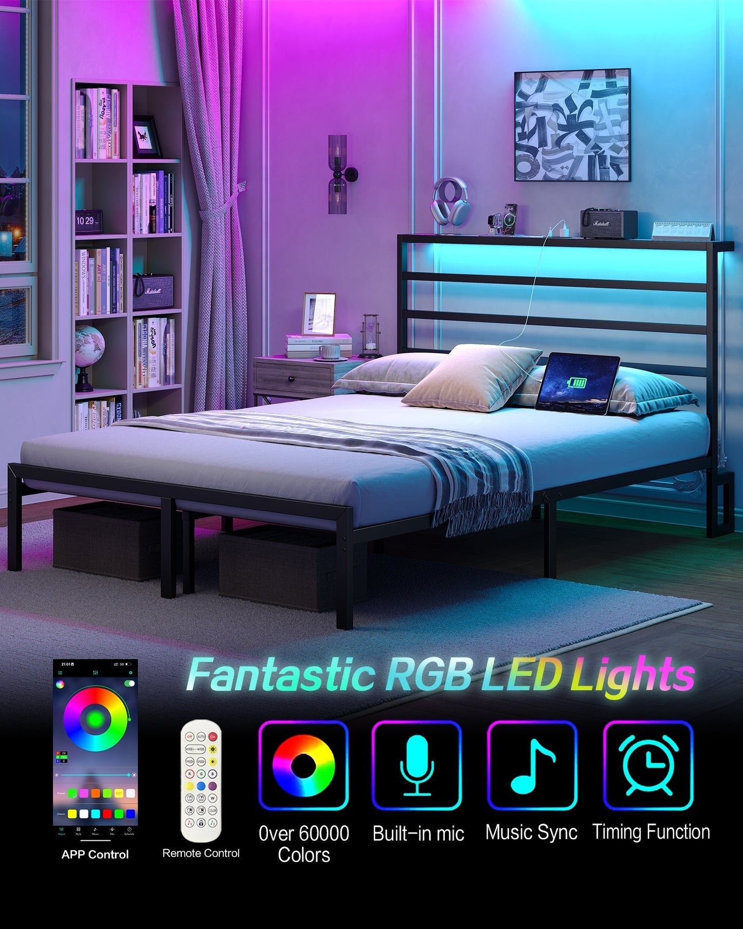 Yanosaku BF006-GR-F Full Size Metal Bed Frame with LED Lights