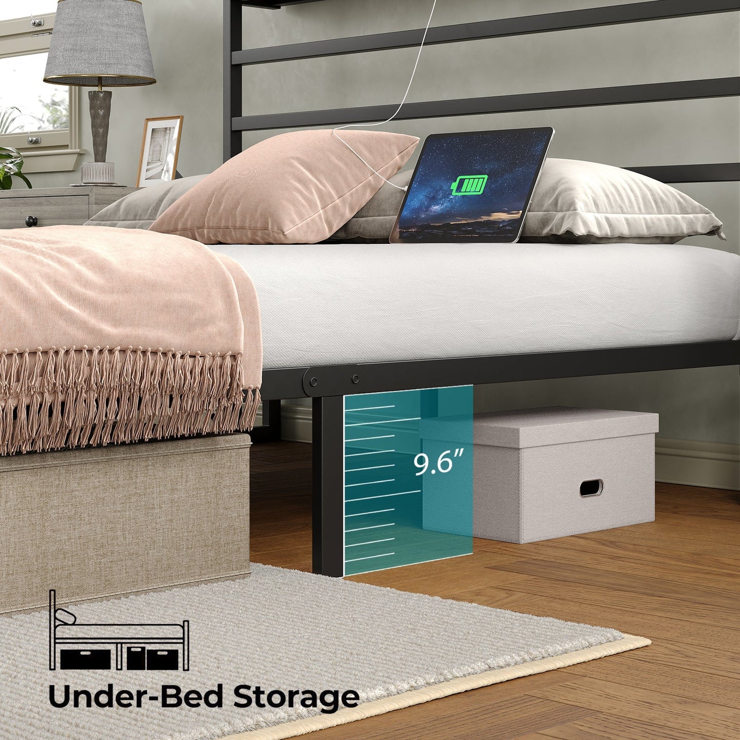 Yanosaku BF006-GR-F Full Size Metal Bed Frame with LED Lights