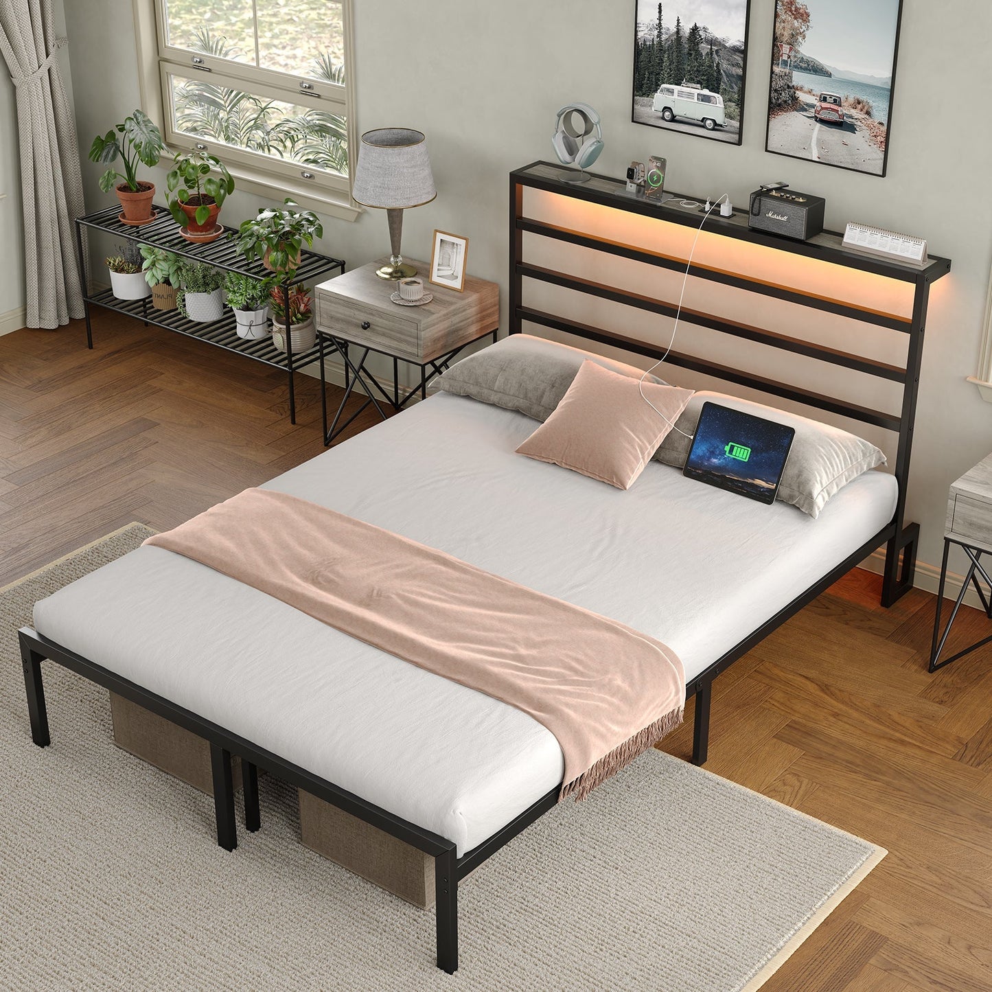 Yanosaku BF006-GR-F Full Size Metal Bed Frame with LED Lights