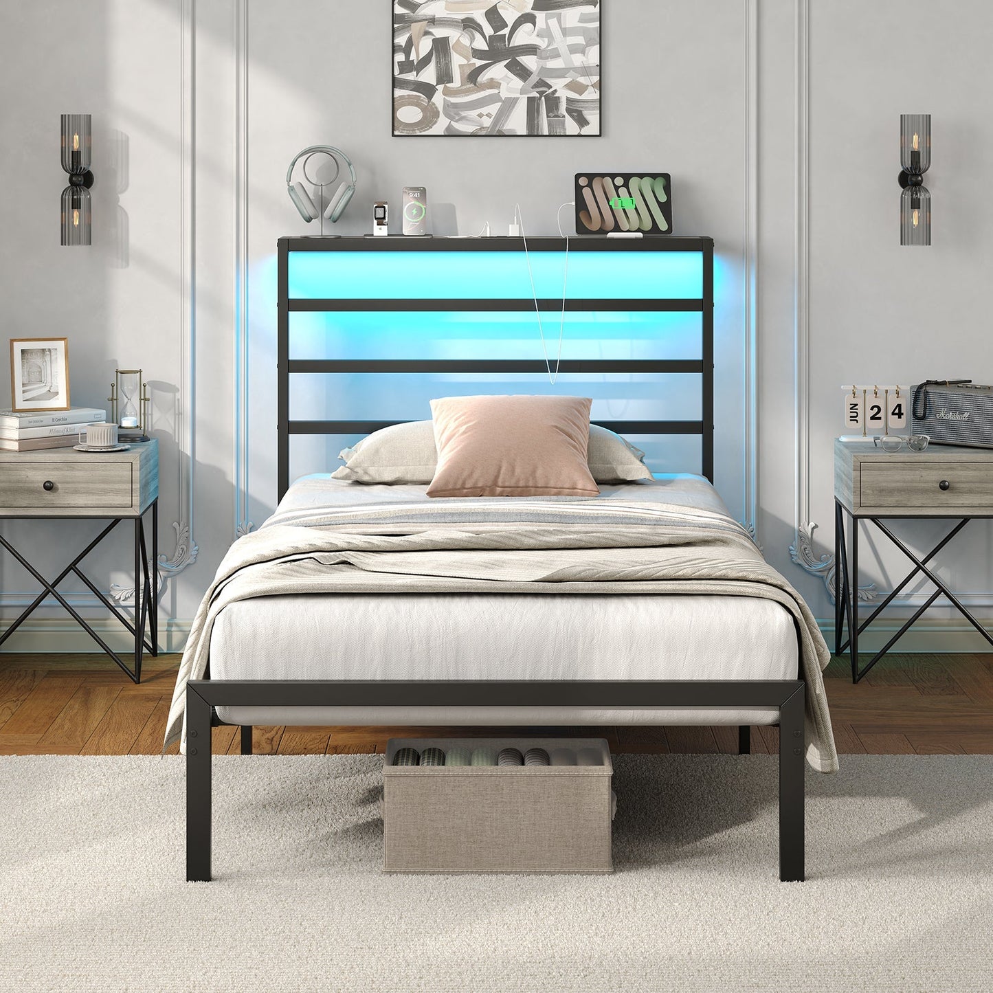 Yanosaku BF006-GR-T Twin Classic Metal Bed Frame with LED Lights & Charging