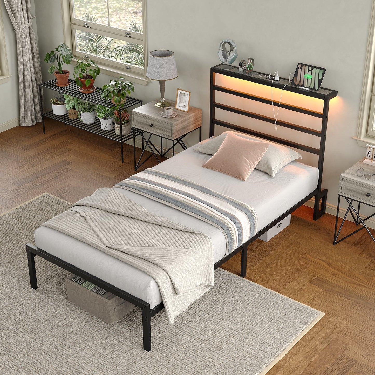 Yanosaku BF006-GR-T Twin Classic Metal Bed Frame with LED Lights & Charging