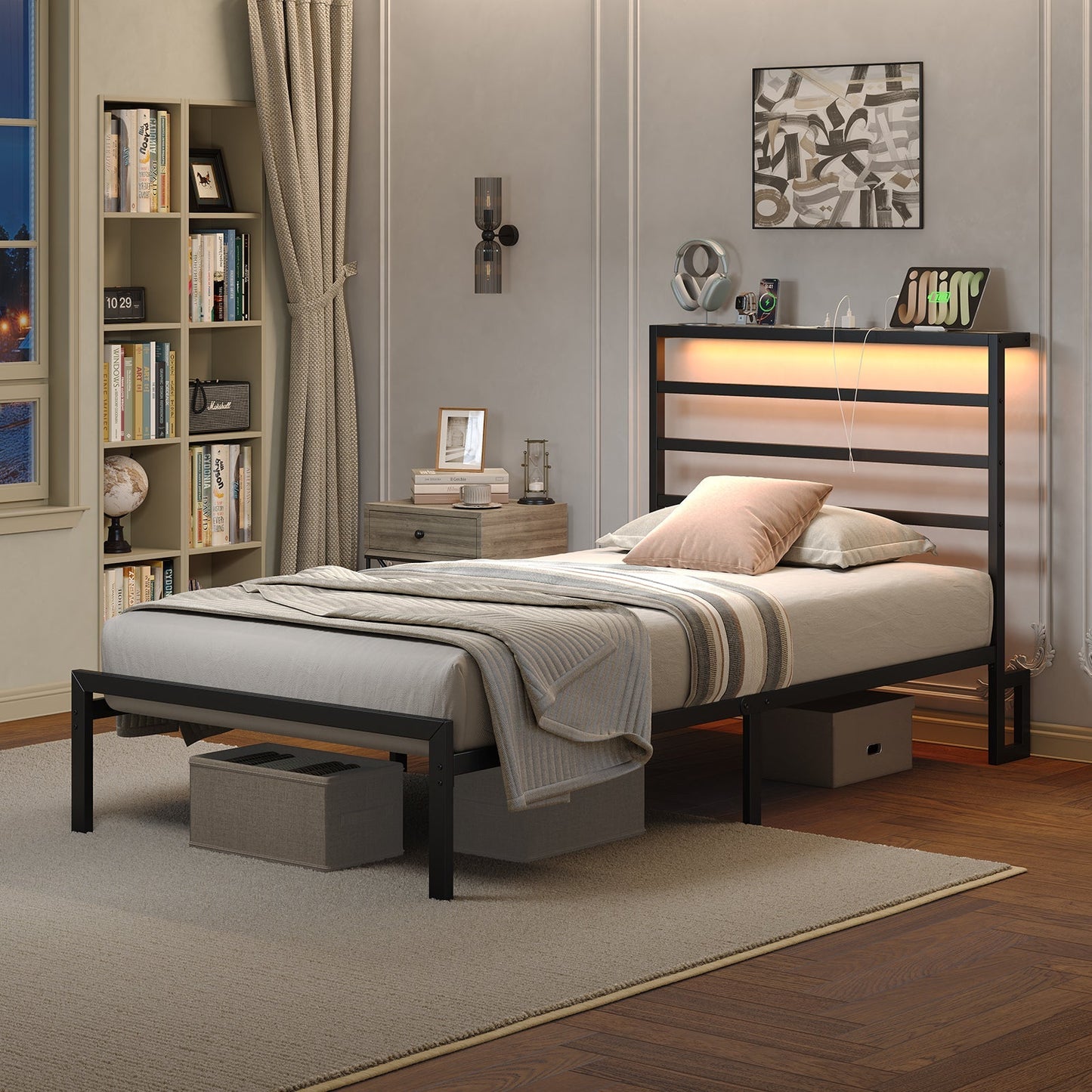 Yanosaku BF006-GR-T Twin Classic Metal Bed Frame with LED Lights & Charging
