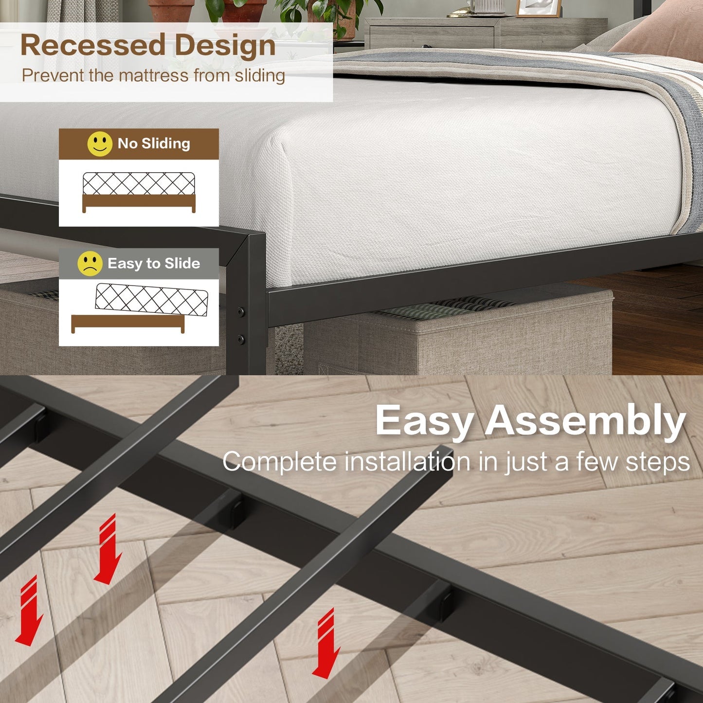 Yanosaku BF006-GR-T Twin Classic Metal Bed Frame with LED Lights & Charging