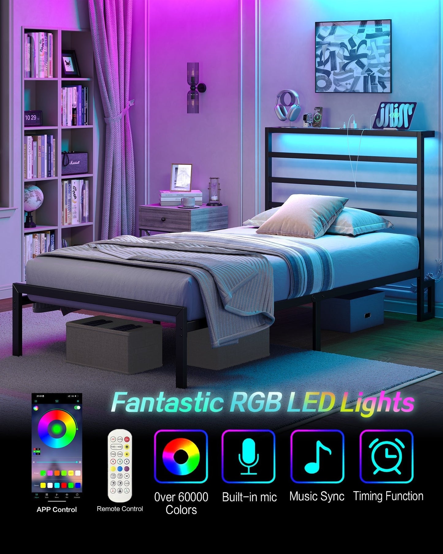 Yanosaku BF006-GR-T Twin Classic Metal Bed Frame with LED Lights & Charging